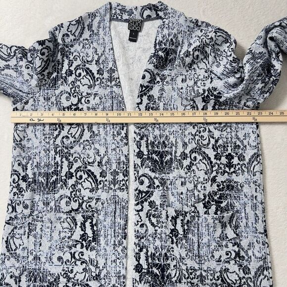 Clara Sun Woo Longline Cardigan Womens Sz L Blue Gray Open Front Scroll Filigree - Picture 9 of 12